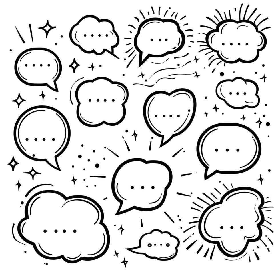 Hand-drawn speech bubbles and thought clouds with dotted lines, stars, and sparkles create a lively doodle-style communication set. vector