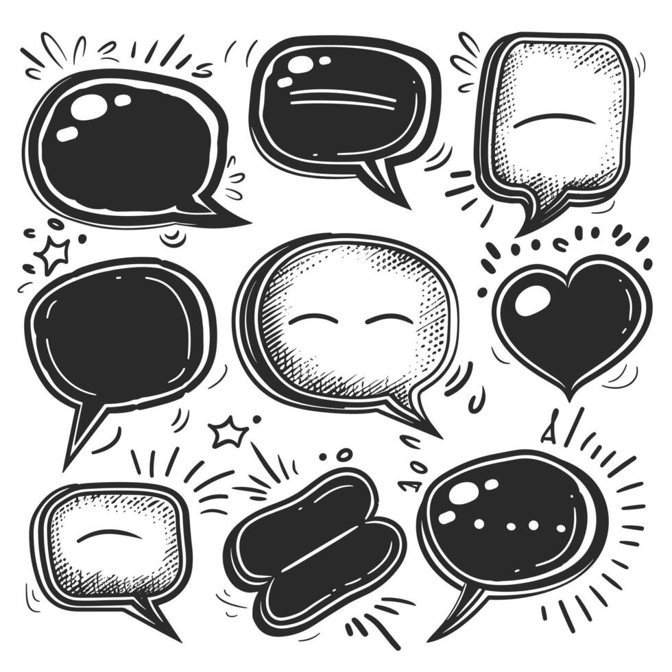Hand-drawn speech bubbles and emoji-inspired shapes create a playful collection of black and white communication icons. vector