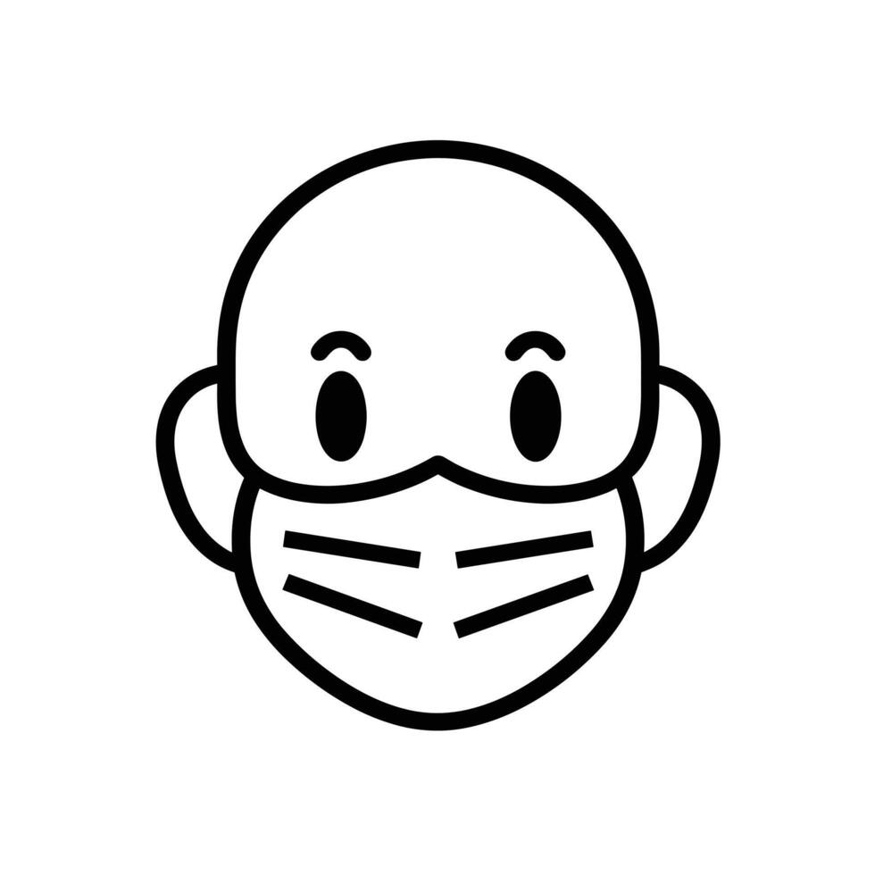 Simple black and white icon of a bald character wearing a protective face mask, depicting health and safety awareness. vector
