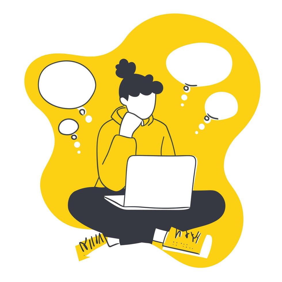 Illustrated figure contemplates while working on laptop, surrounded by thought bubbles on vibrant yellow background vector