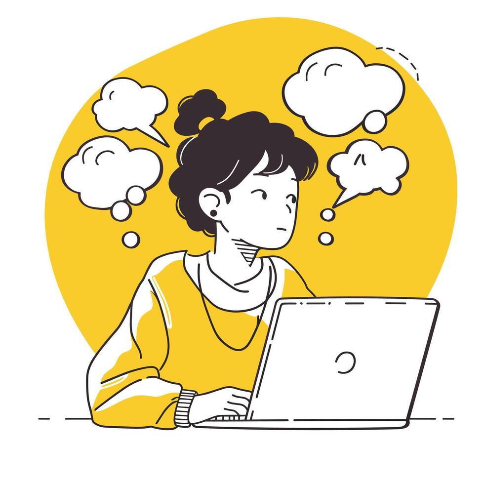 Pensive young woman working on laptop surrounded by thought bubbles, conveying creative thinking and digital brainstorming vector