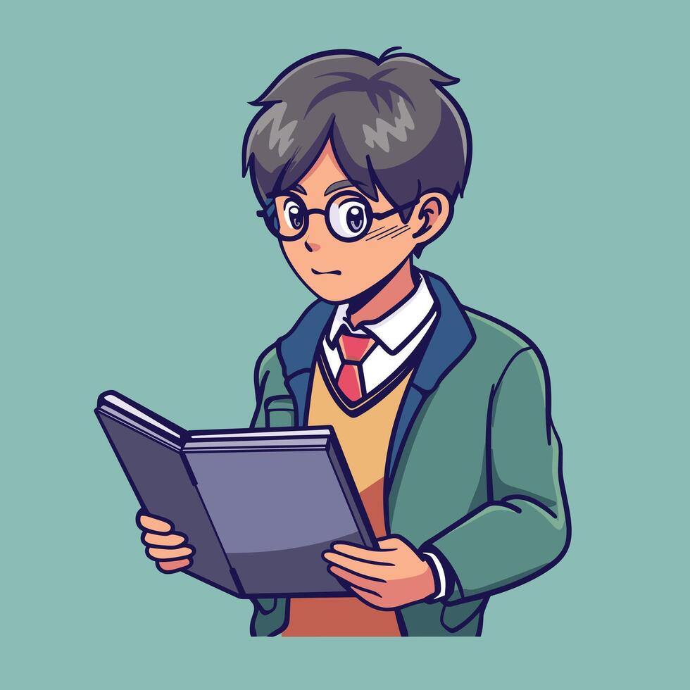 Animated schoolboy with glasses reading a book, wearing a uniform with blazer and tie against a teal background. vector