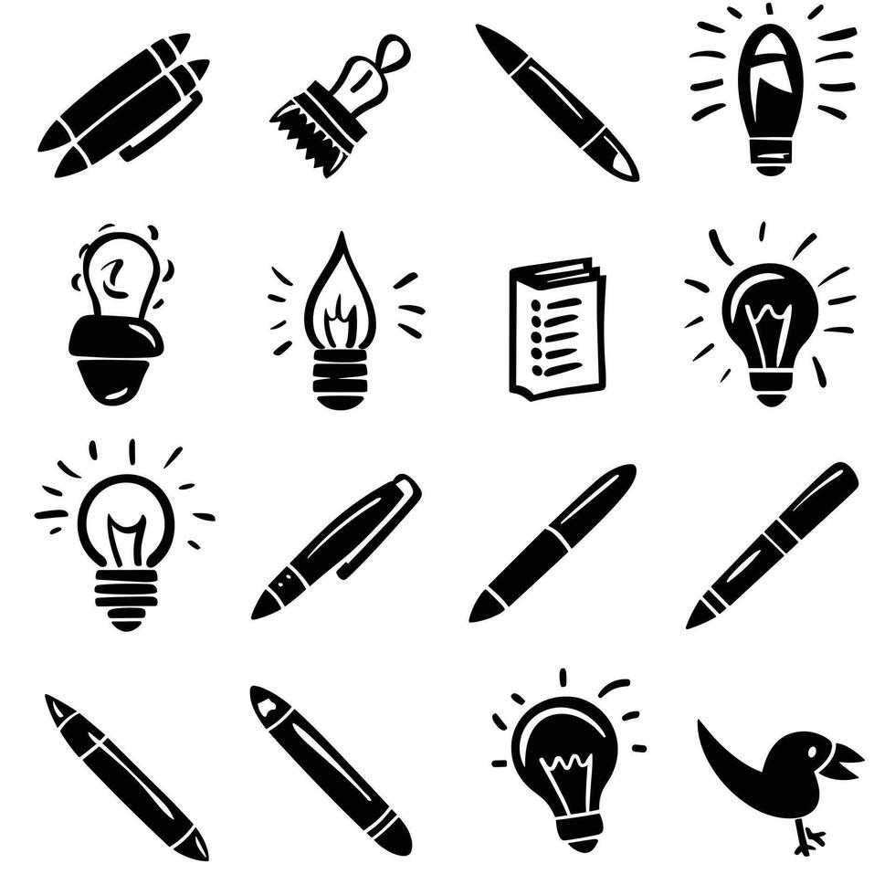 Seamless pattern of pens, lightbulbs, and related icons in black on a white background. vector