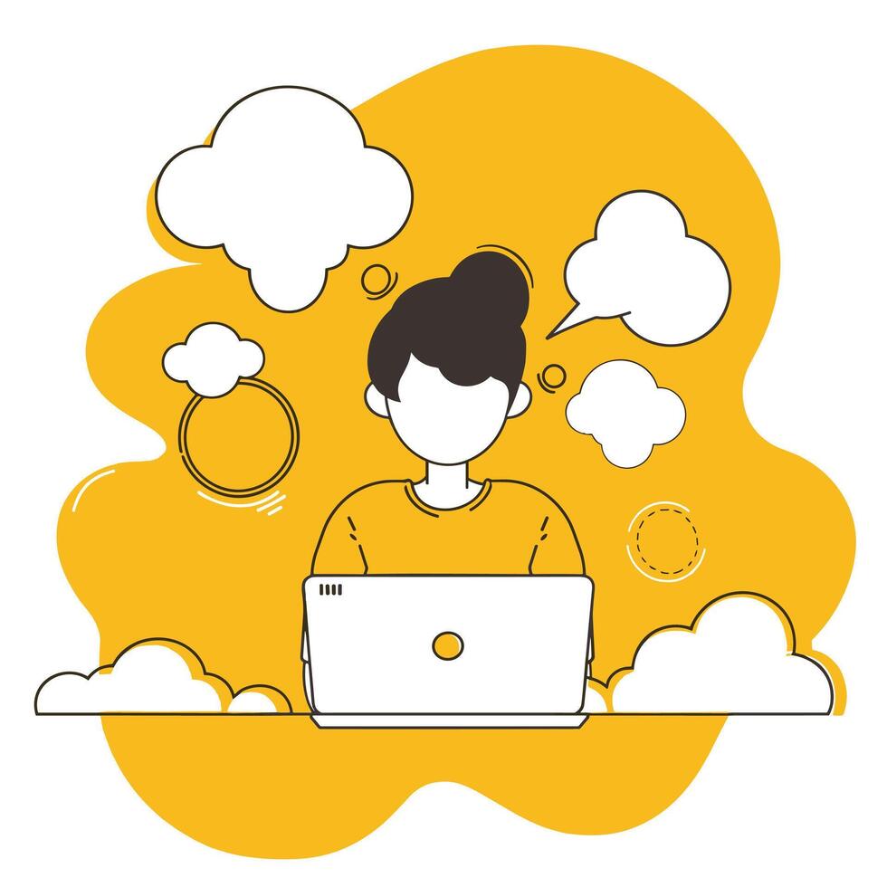Illustration of person working on laptop surrounded by thought bubbles, depicting remote work and creative thinking on vibrant yellow background. vector