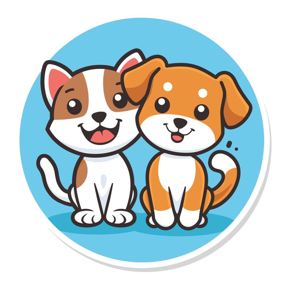 Adorable cartoon puppy duo smiling cat and dog characters sitting side by side on a bright blue circular background. vector