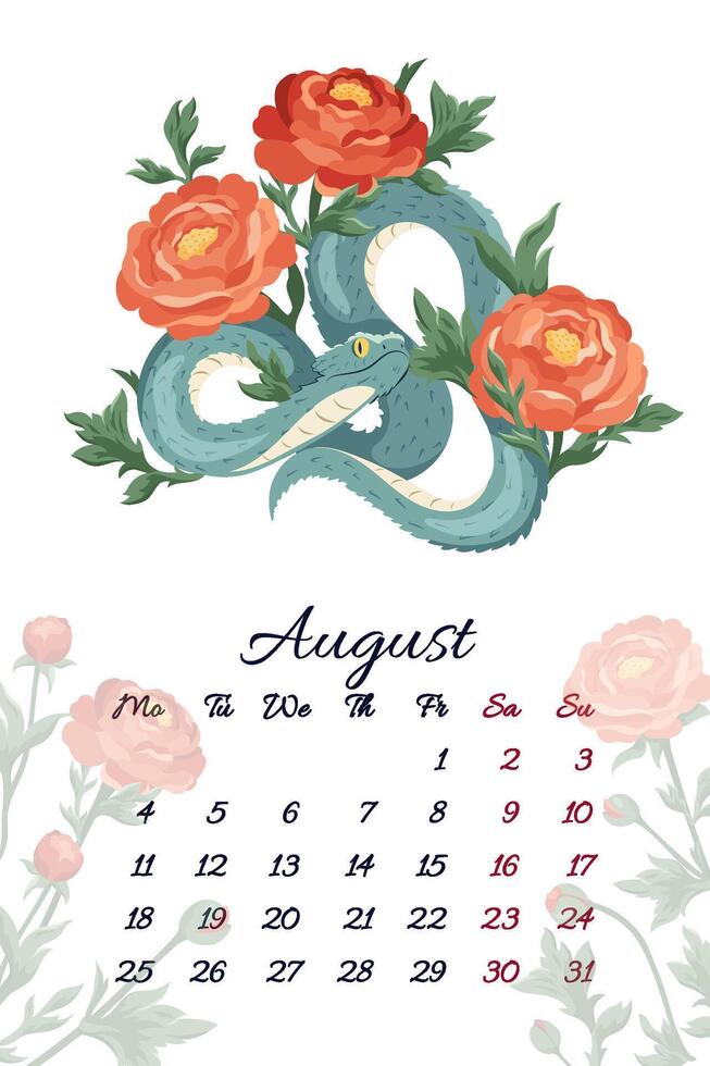 August serpent calendar with summer tender red ranunculus illustration template for 2025 Year of Snake Flowers composition with symbol of the Chinese new year. Typography for print vector