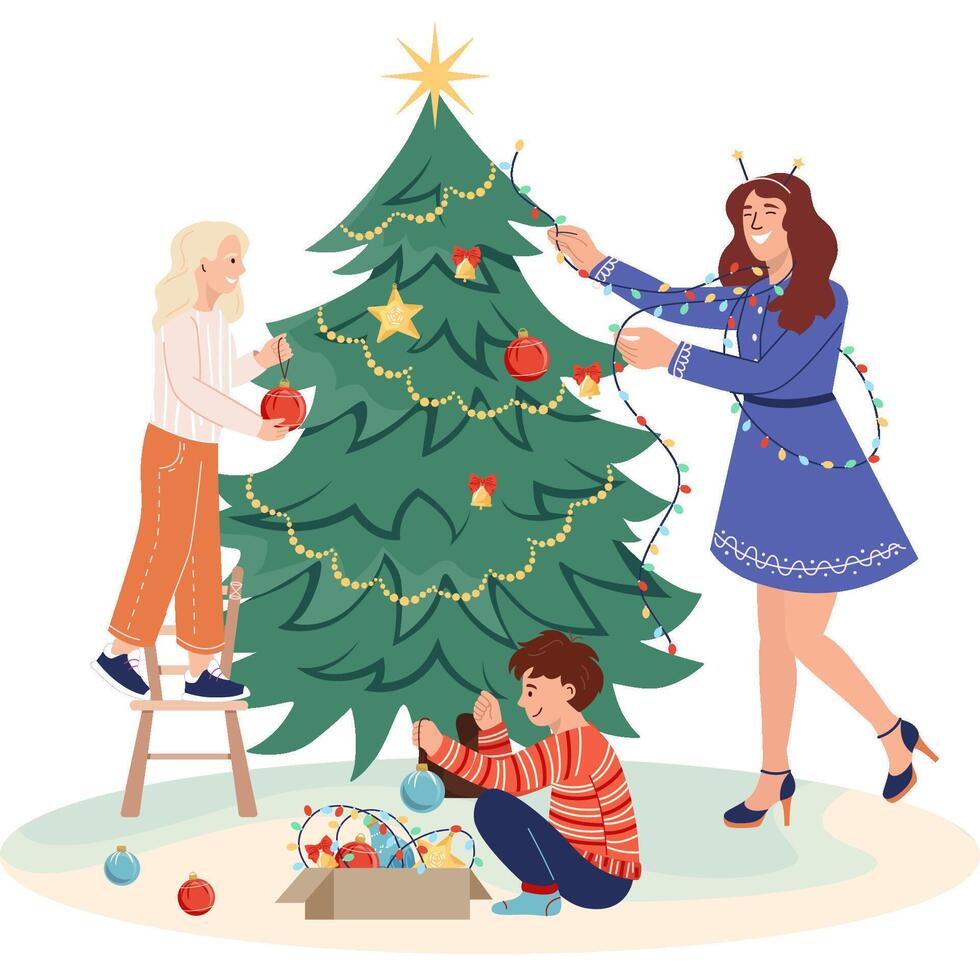 Family with kids decorating Christmas tree with baubles and garland together for winter holiday. People preparing for holiday celebration at home. Flat illustration isolated on white background vector