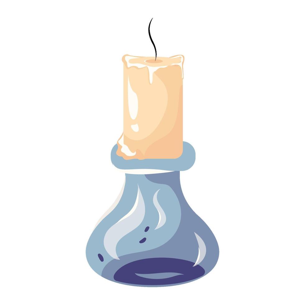 Burning candle in glass bottle candlestick. Wax witchcraft candle Halloween design element. Candlelight illustration isolated on white background. vector