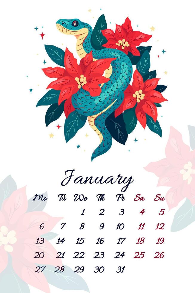 January serpent calendar with winter bright bouquet poinsettia. illustration template for 2025 Year of Snake Flowers composition with symbol of the Chinese new year. Typography for print vector
