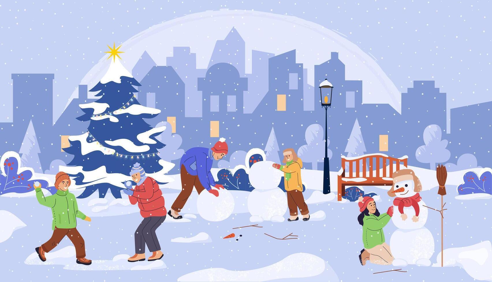 Children and adults play in the snow in the fresh air. Make a snowman, play snowballs. Landscape with Christmas tree, bench in snow in cold freezing weather. Colored flat cartoon illustration vector