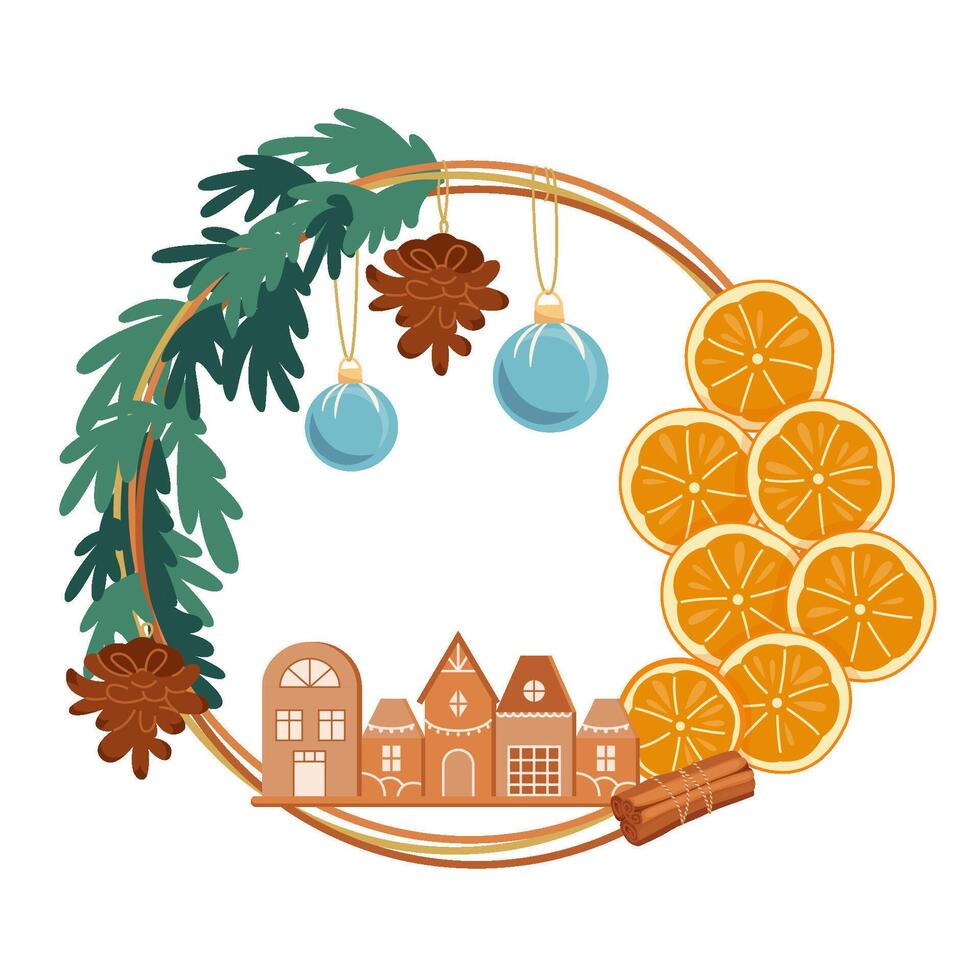 Christmas wreath made of wooden sticks and rope, with toys and oranges for winter holiday. New Year craft decoration, branches and sticks design. design elements handcrafts home decorating. vector