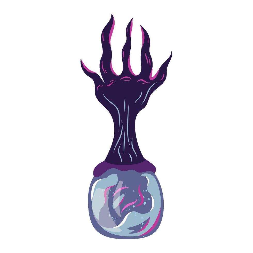 Magic poison bottle with scary skeleton hand. Evil wizard glass jar. Halloween design element isolated on white background. vector