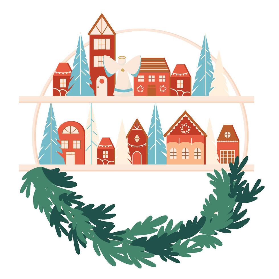 Christmas wreath made of little red toy wooden houses and fir branch. Christmas trees festive elements. New Year craft decoration. design elements handcrafts home decorating. vector