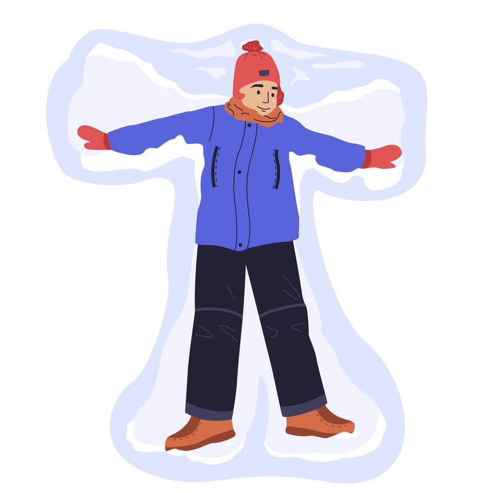 Happy boy lying on the ground and makes snow angels, enjoying snowy day. cartoon flat winter illustration. vector