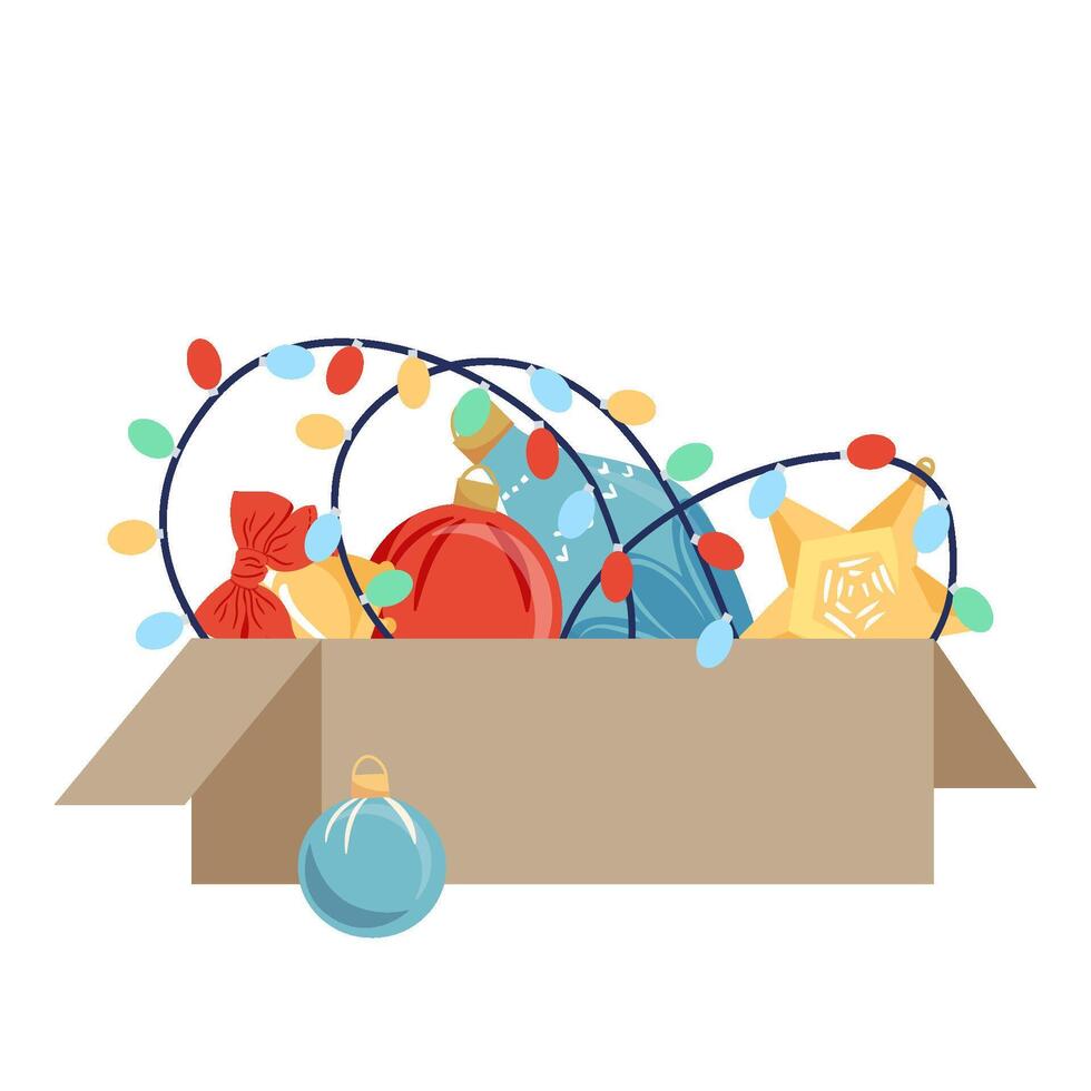 Christmas decorations in the box. Balls, stars, garland for home decorations for the holidays. Colorful cartoon flat style illustration. vector