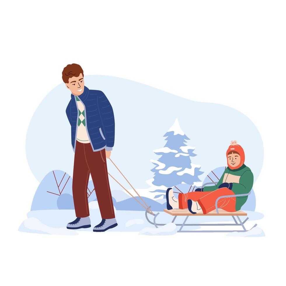 Father rides his son on a sleigh on the snow. New Year, Christmas holidays active and fun spending time together. Winter fun illustration in cartoon style isolated on white. vector