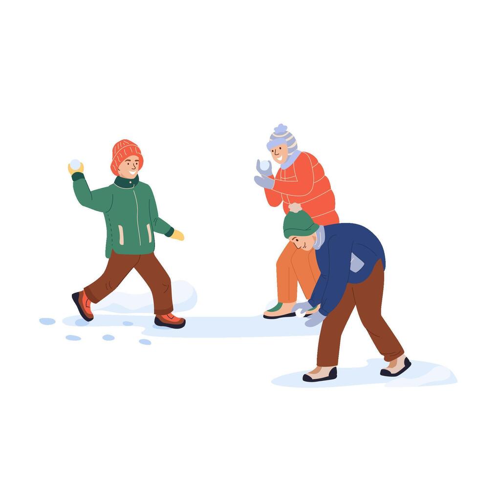 Smiling boys play snowballs. Kids having fun, making, sculpting and throwing snow balls. Wintertime game on winter holidays. Flat illustration isolated on white background vector