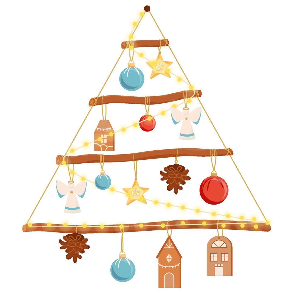 Wall Christmas tree made of wooden sticks and rope, with toys for Christmas and New Year. Craft decoration, branches and sticks design. Handcrafts, rustic design elements home decorating. vector