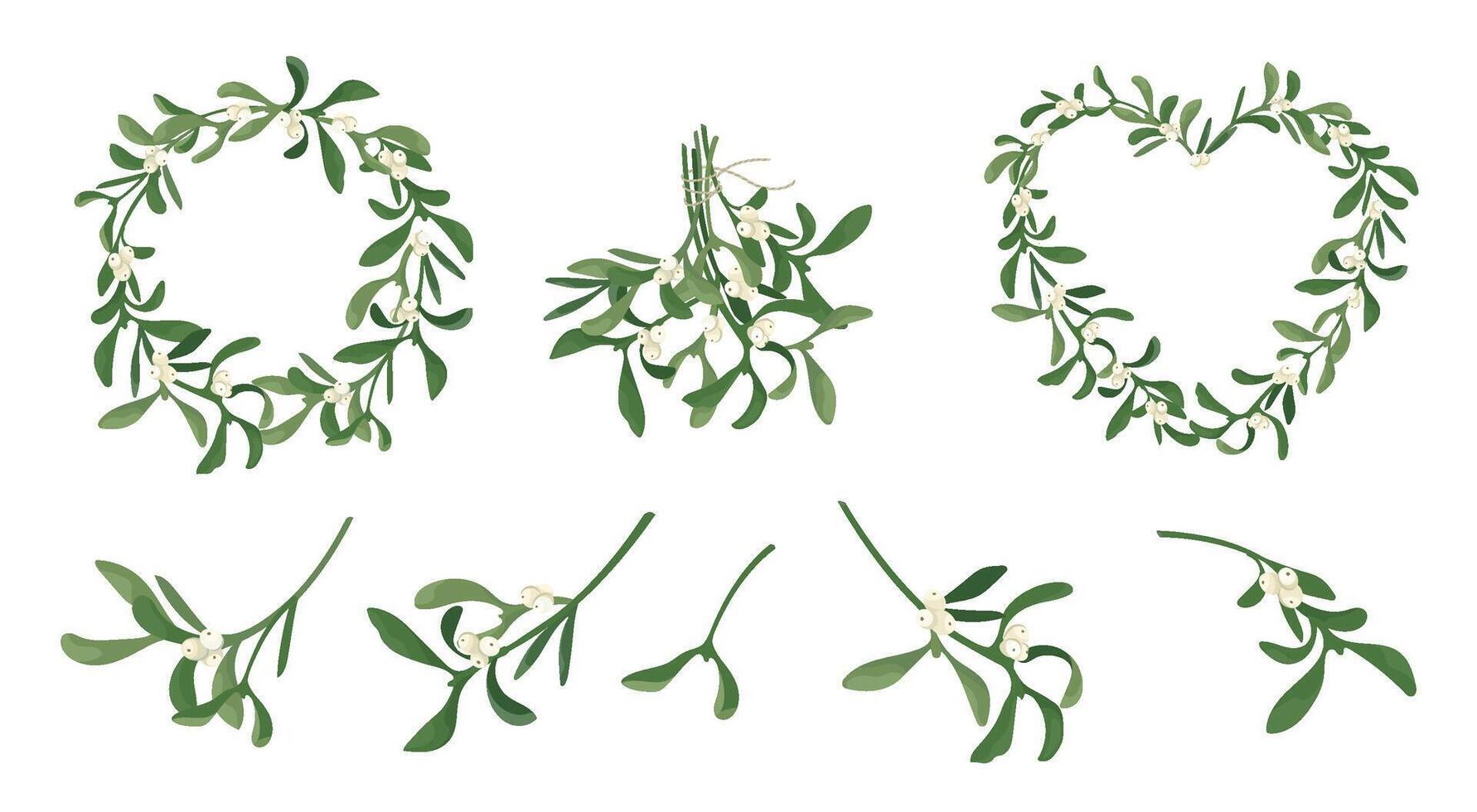 Set of sprig mistletoe with berries. craft christmas decoration heart, wreath, bunch made of mistletoe garland isolated on white background. Design frame element for print, card, flyer, banner vector