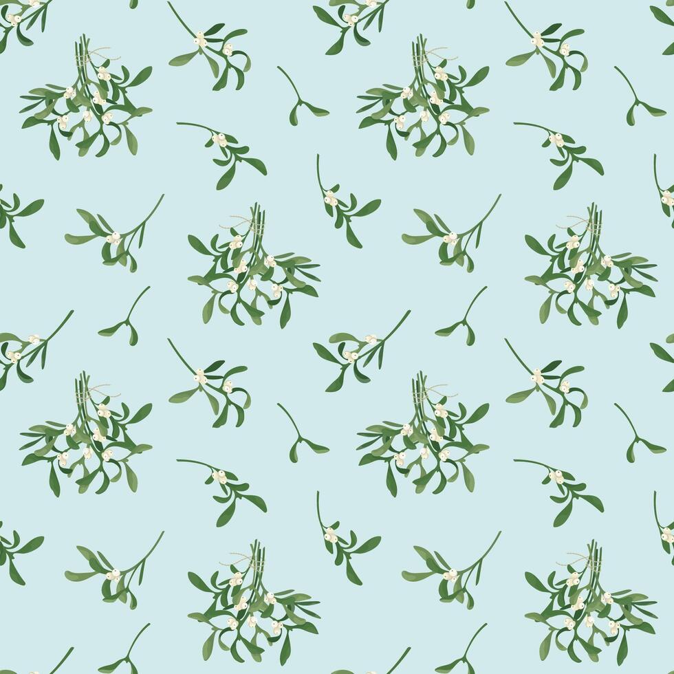 Seamless winter pattern with white mistletoe bunch with berries. Christmas mistletoe branch beautiful modern hand drawn texture. Flat design for fabric, textile, prints, wallpaper, covers vector