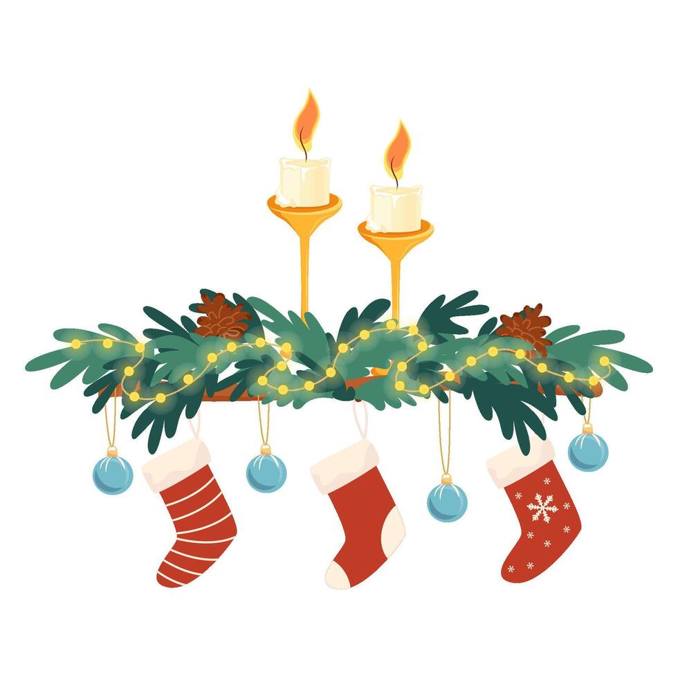 Craft decoration with fir branch, candles and Christmas socks design elements handcrafts home decorating isolated on white background vector