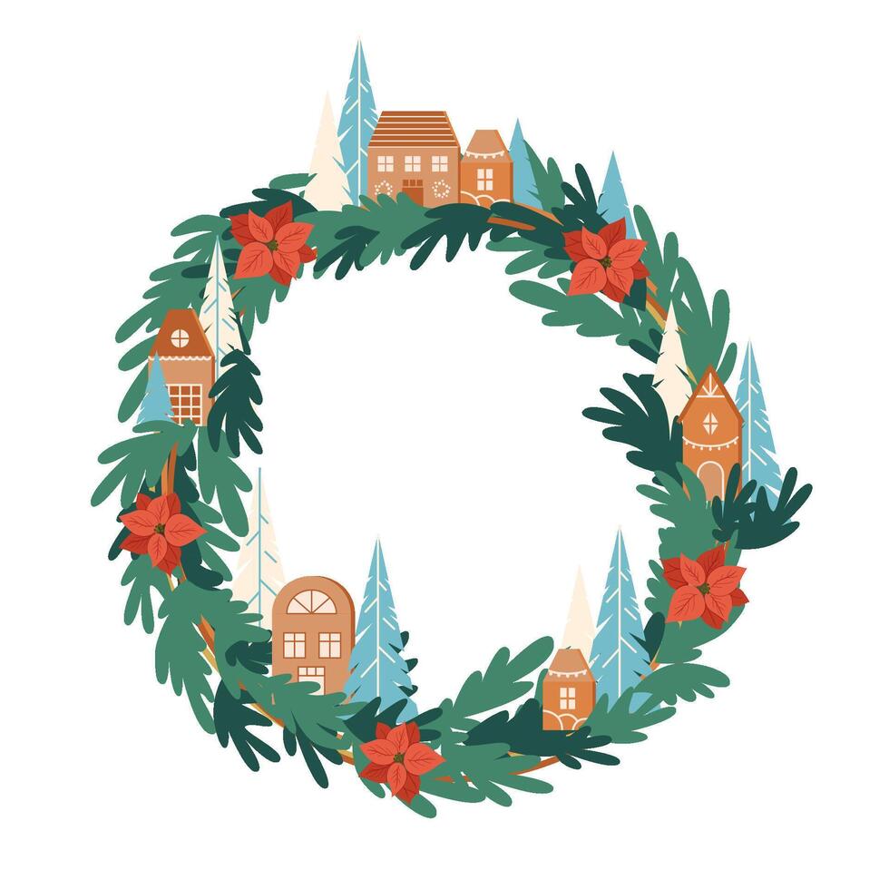 Christmas wreath made of little toy wooden houses and fir branch Christmas trees festive elements New Year craft decoration branches and sticks design design elements handcrafts home decorating vector