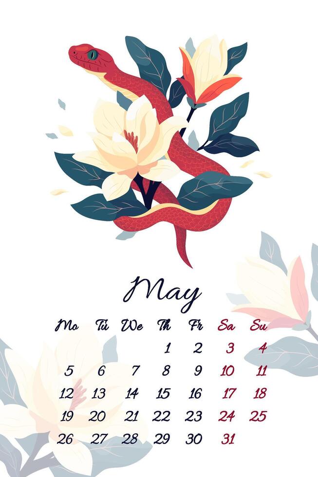 May serpent calendar with spring bouquet magnolias illustration template for 2025 Year of Snake Floral composition with symbol of the Chinese new year. Typography for print vector