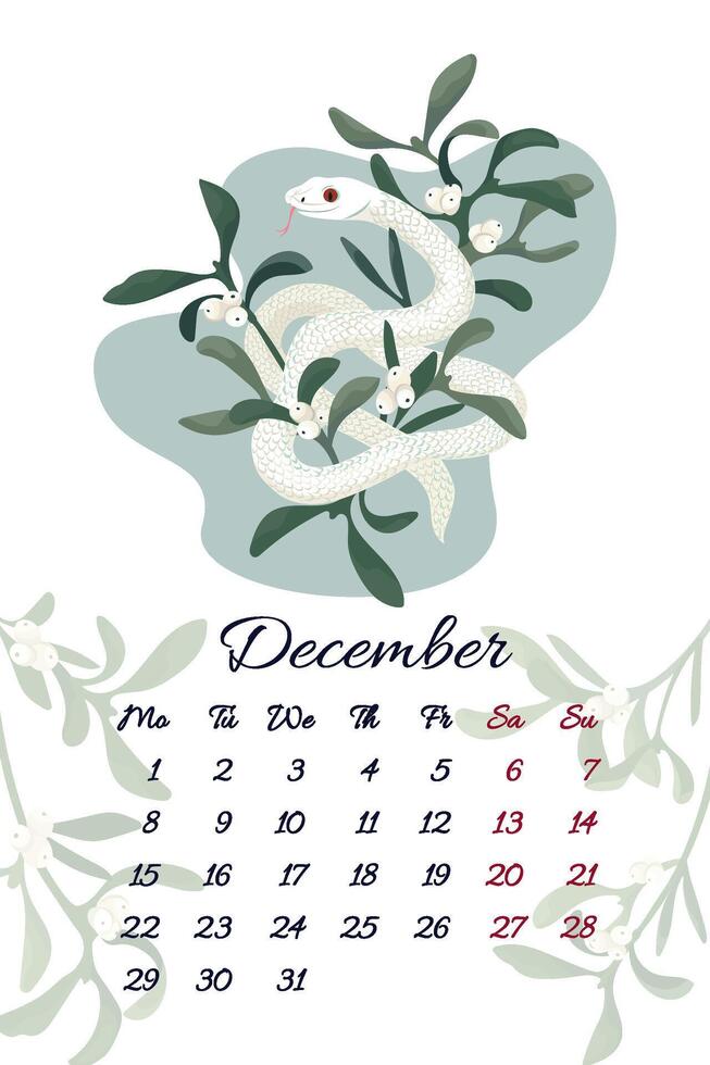 December serpent calendar with white mistletoe illustration template for 2025 Year of Snake Layout with christmas decoration composition and symbol of Chinese new year. Typography for print vector