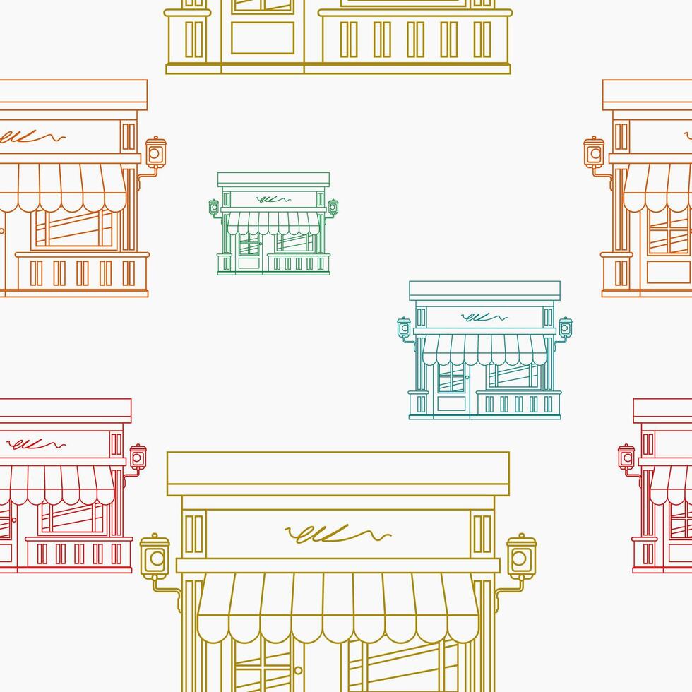 Editable Outline Style Front View Shop Buildings Vectorized Illustration in Various Colors as Seamless Pattern for Creating Background of Marketing Concept vector