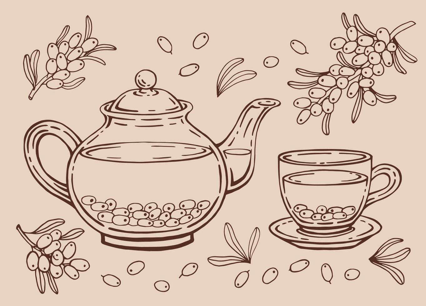 Tea set with glass teapot and cup, sea buckthorn. Hand drawn illustration in outline style. vector