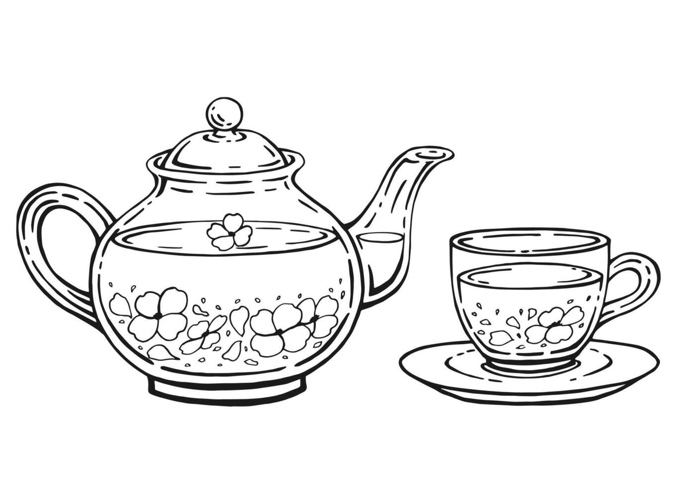 Hand drawn teapot, cup, jasmine. illustration in outline style. vector