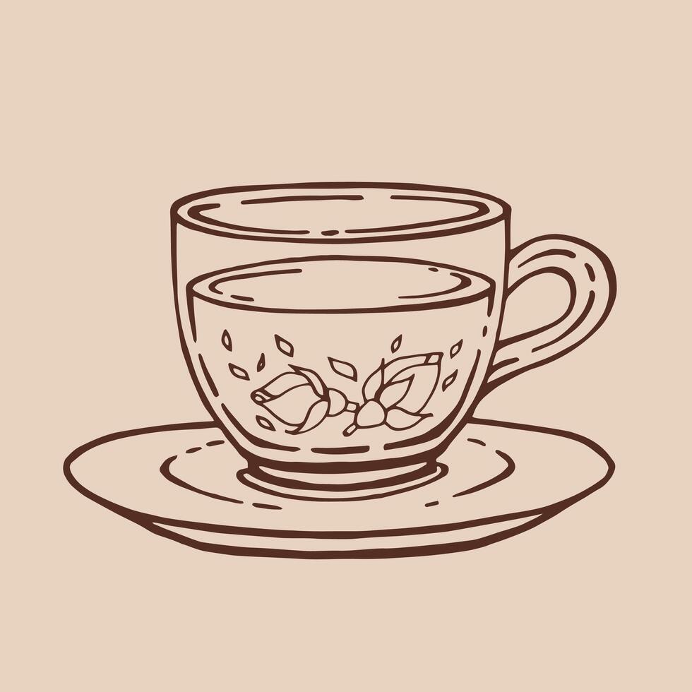 Glass cup of tea, rose. Hand drawn illustration in outline style. vector