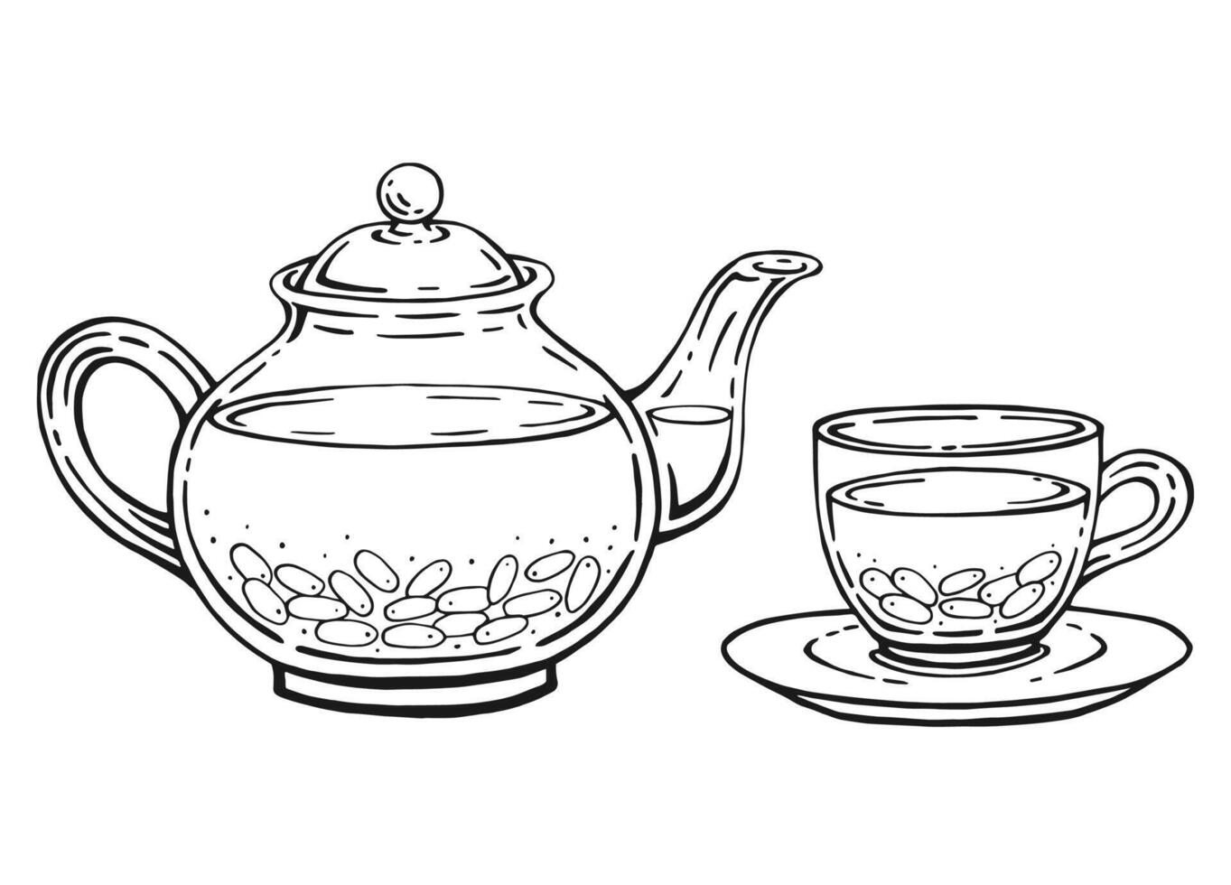 Tea set with glass teapot and cup, barberry tea. Hand drawn illustration in outline style. vector
