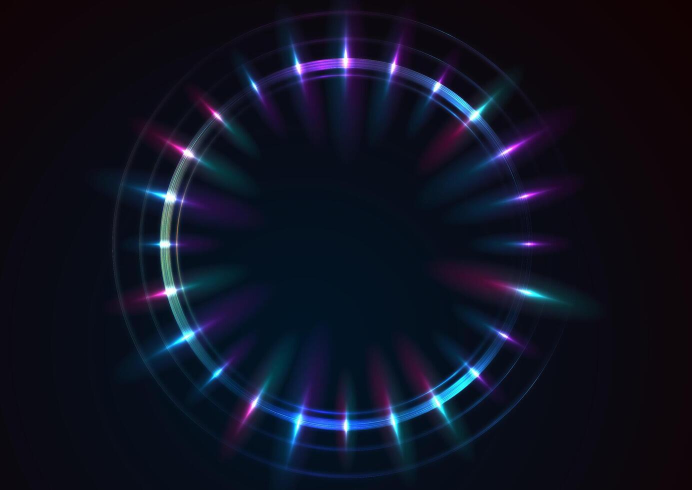 Blue purple neon laser rings with rays abstract background vector