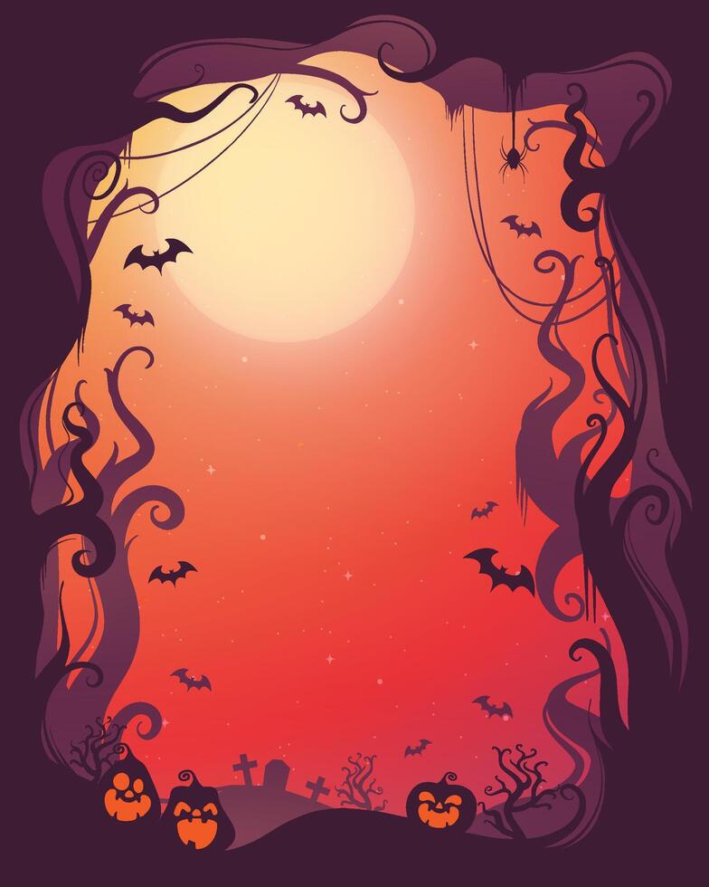 Silhouettes of Halloween in a spooky setting and menacing pumpkins. Full Moon Night in the Spooky Forest. vector