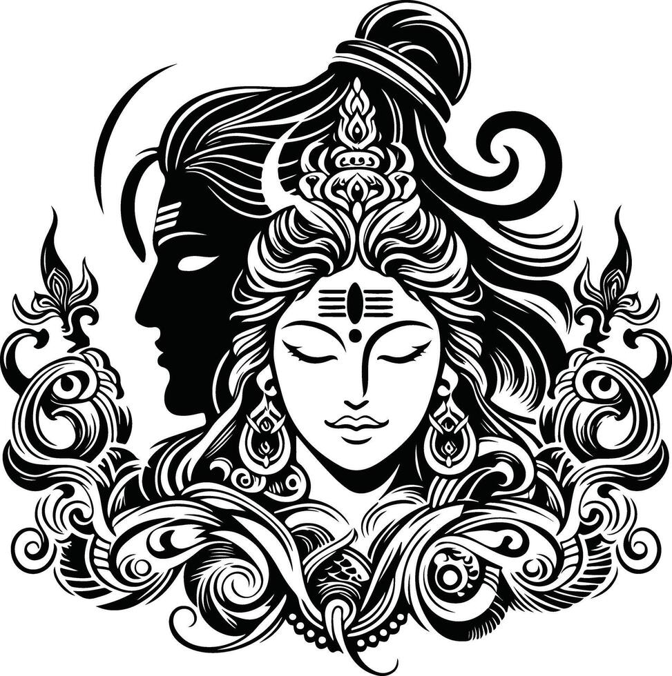 Black and White Silhouette Design of Lord Shiv and Goddess Durga vector