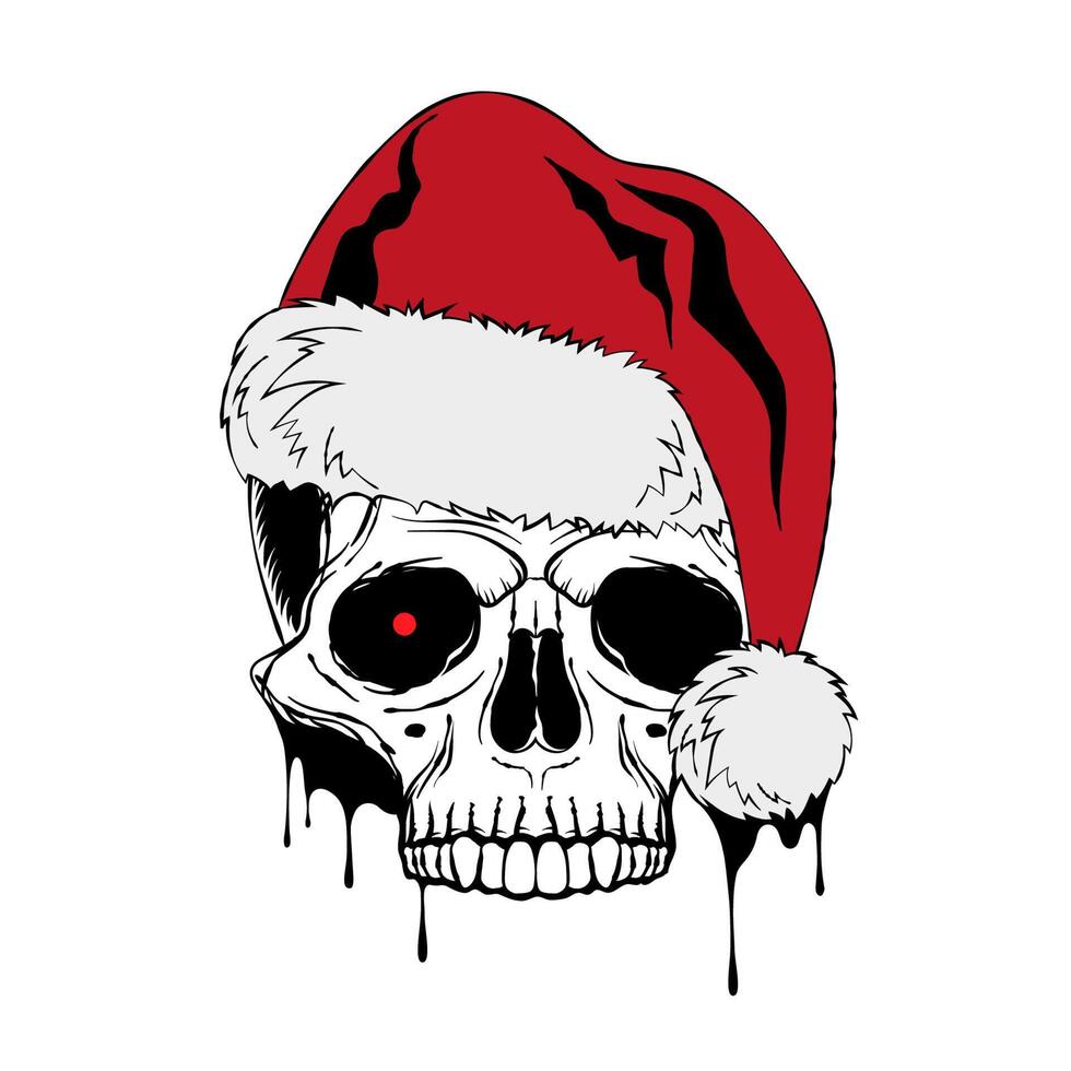 Skull with Santa hat, red eyes, and ink drops vector