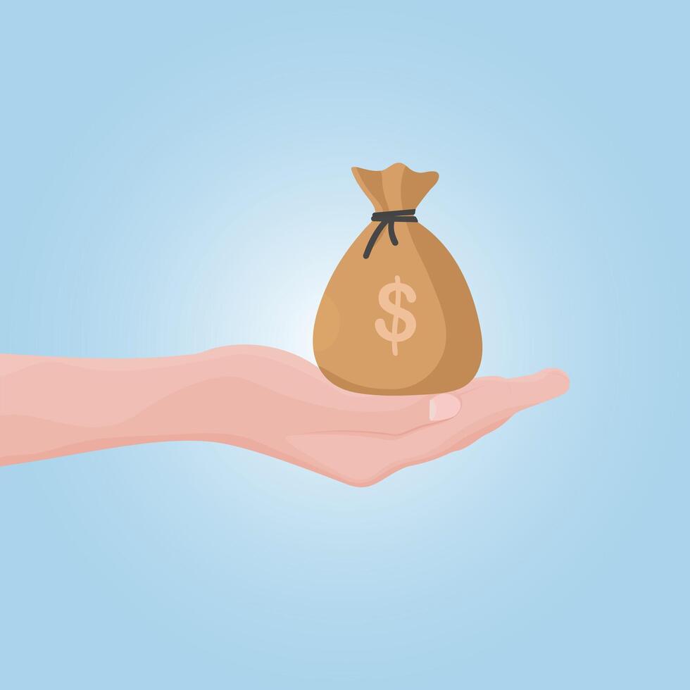 a hand holding a bag of money with a dollar sign on it. vector