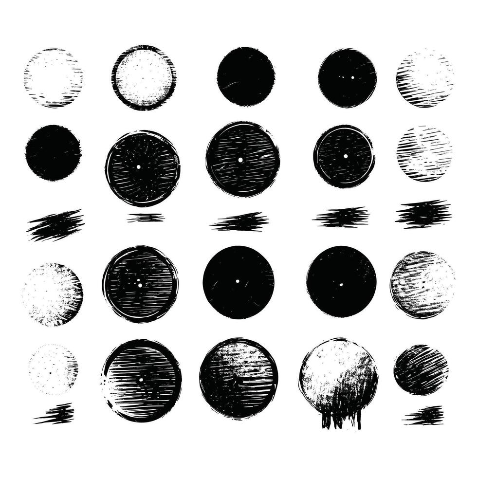 Assorted Black and White Circular Brush Marks and Textures vector