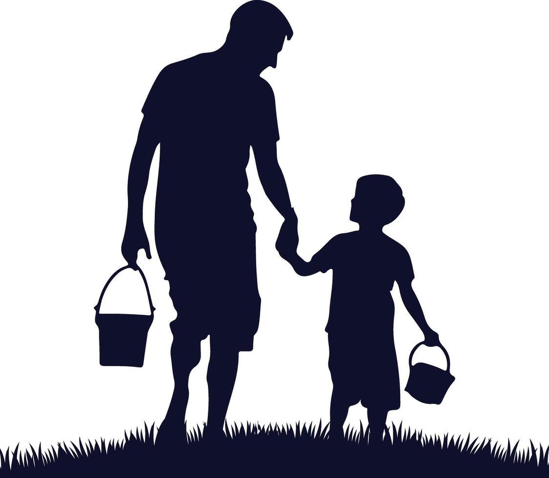 Father and Son Walking Outside Silhouette bucket on hand vector