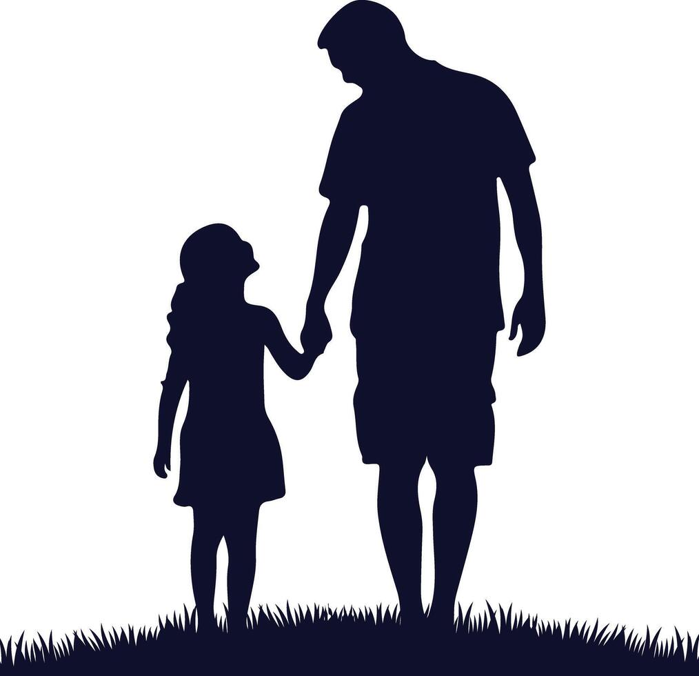 Father and Daughter walking on Grass Silhouette vector