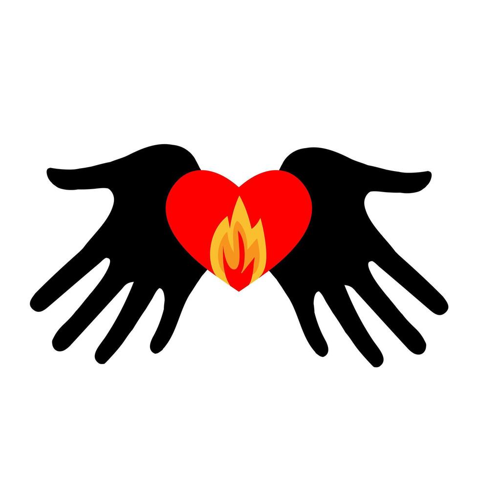Burning heart. the power of hands holding a lit heart vector