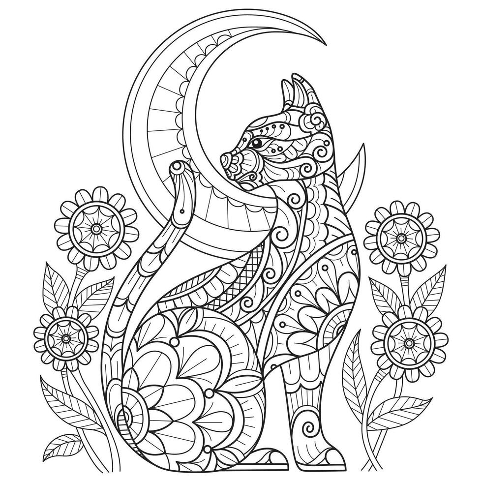 Cat and moon hand drawn for adult coloring book vector