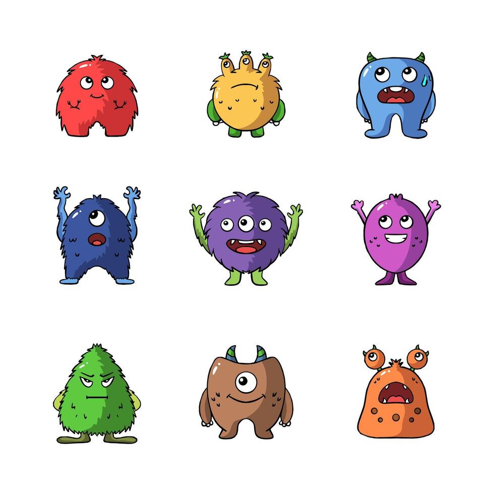 Cute monster Cartoon Icon Collection. Hand drawn style with outline. isolated illustration vector