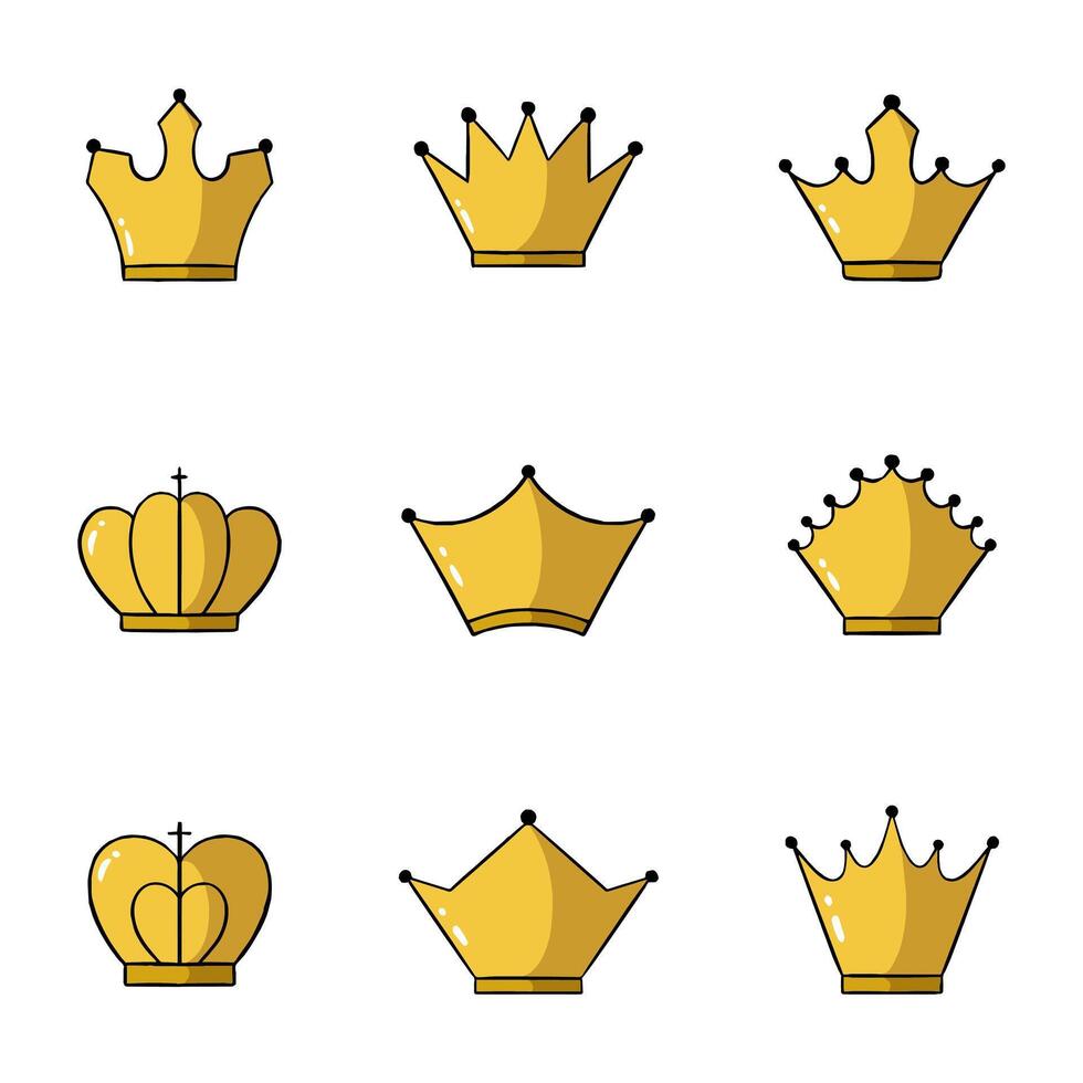 Golden crown Cartoon Icon Collection. Hand drawn style with outline. isolated illustration vector
