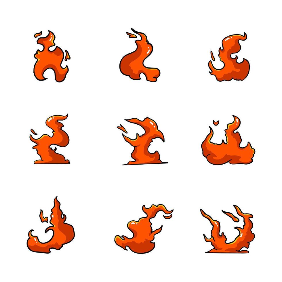Set of Cartoon Fire Icons. Hand drawn style. Concept isolated illustration vector