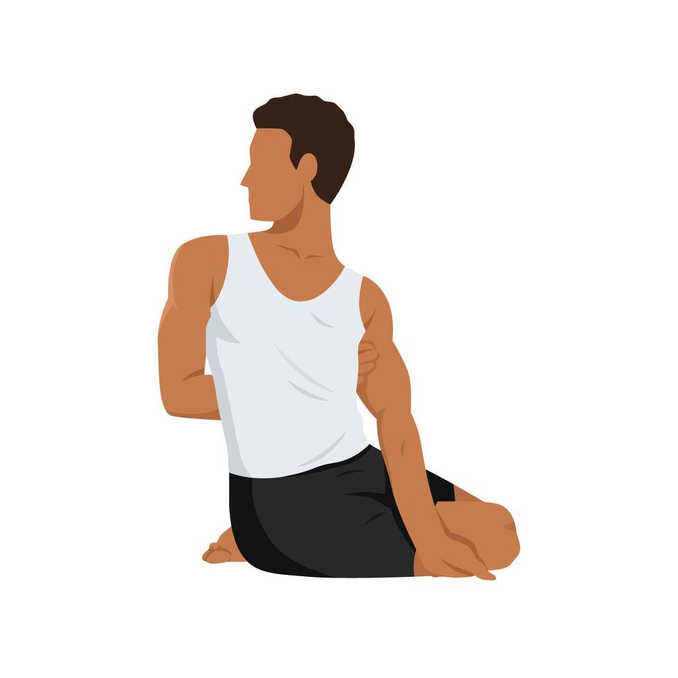Young man doing Sage Pose sanskrit or Bharadvajasana or bharadvaja twist. vector