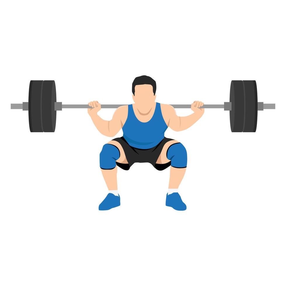 Man doing squats with barbell on neck back. vector