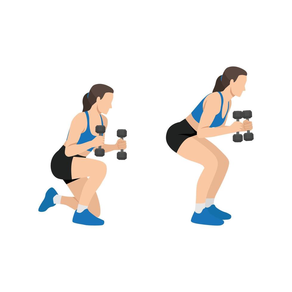 Woman doing prisoner get up exercise with dumbbells for quads. vector