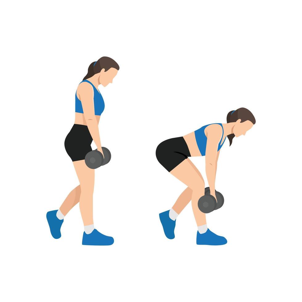 Woman doing b stance Romanian deadlift with dumbbell for glute exercise. vector